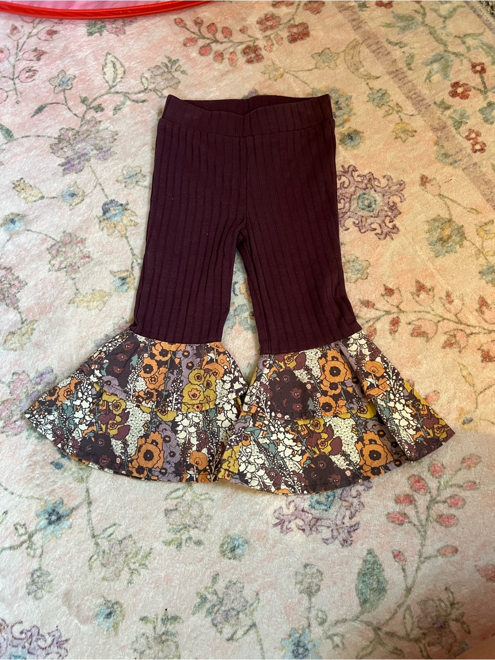 kate quinn Burgundy Ribbed Leggings with Floral Flared Cuffs